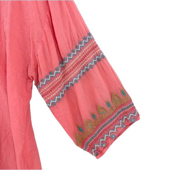 Johnny Was Shirt Womens XS Coral Pink Yellow Embroidered Blouse Bohemian Peasant - Picture 5 of 7